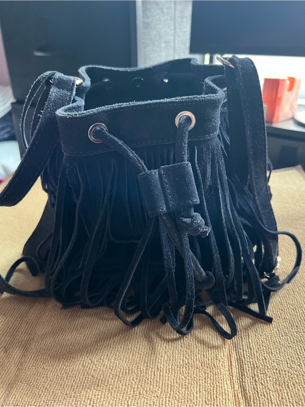 Navy Suede Fringe Drawstring Mini Bag - Women